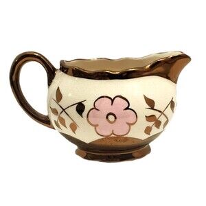 Vintage English Sandland Ware Creamer Ivory w/ Pink Flowers Copper Accents
